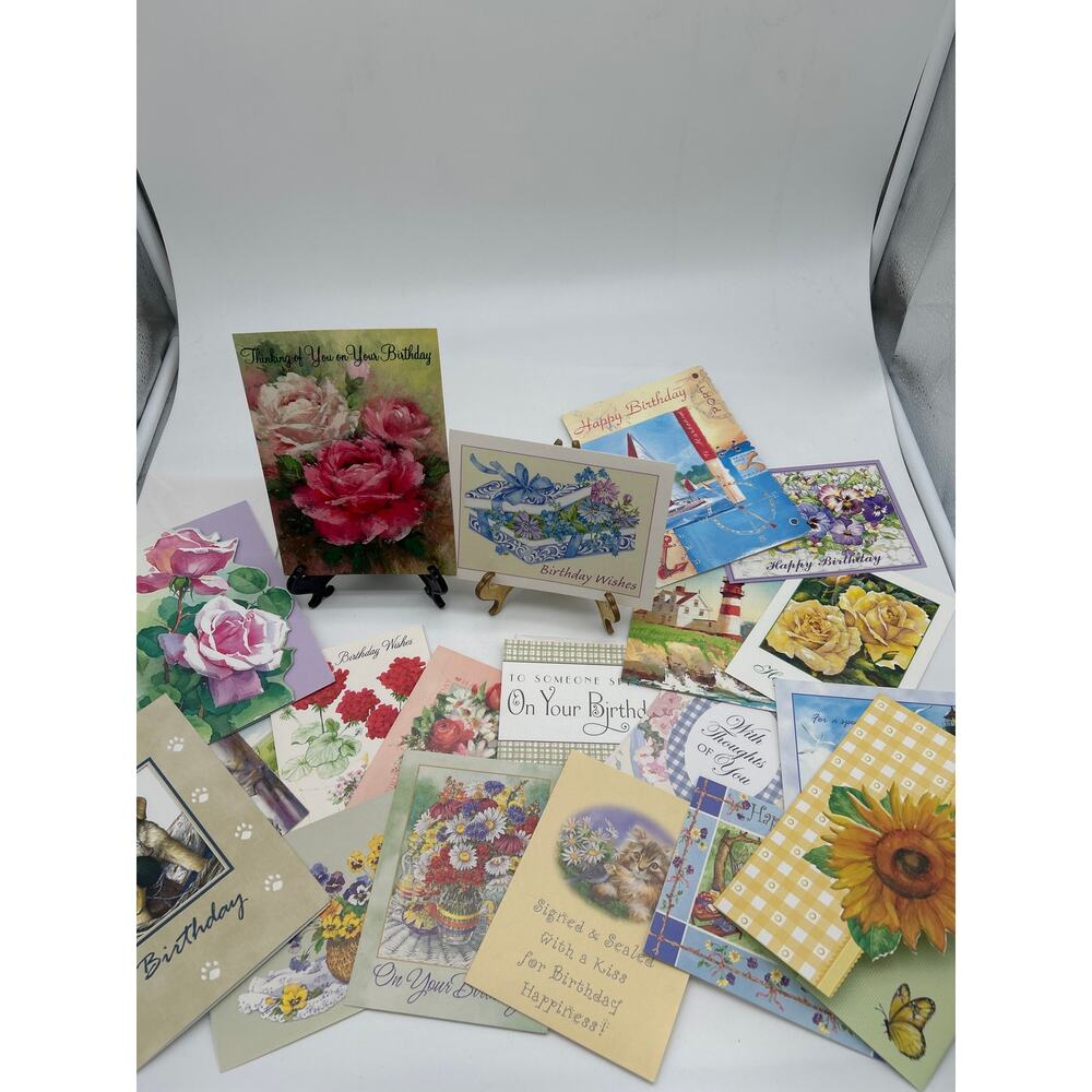 Lot of 20 Unused Happy Birthday Greeting Cards USA Made Floral Lighthouse Mixed